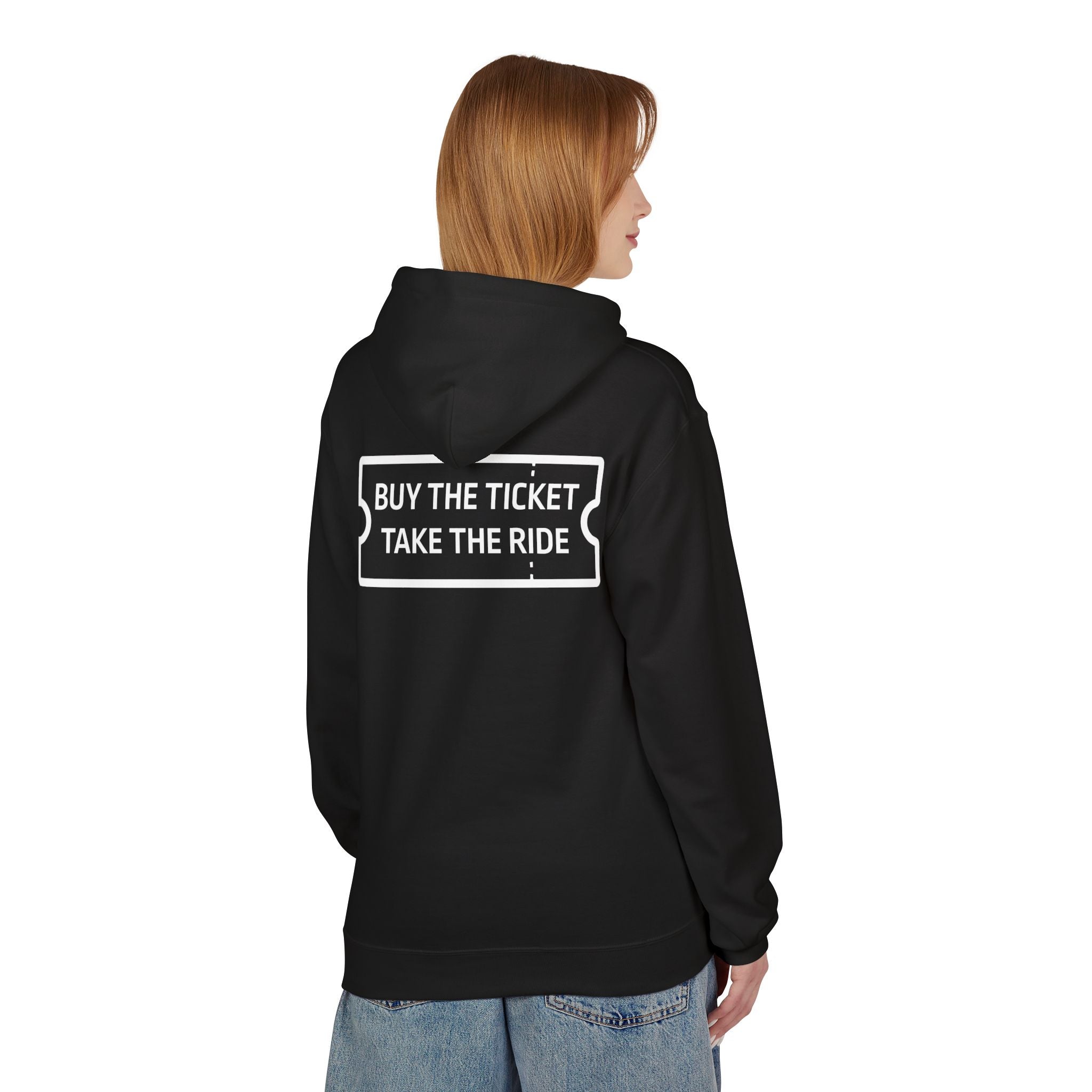 A person wears a Printify "Buy The Ticket Hoodie," featuring the phrase "Buy the Ticket Take the Ride" printed on the back, with their back to the camera.