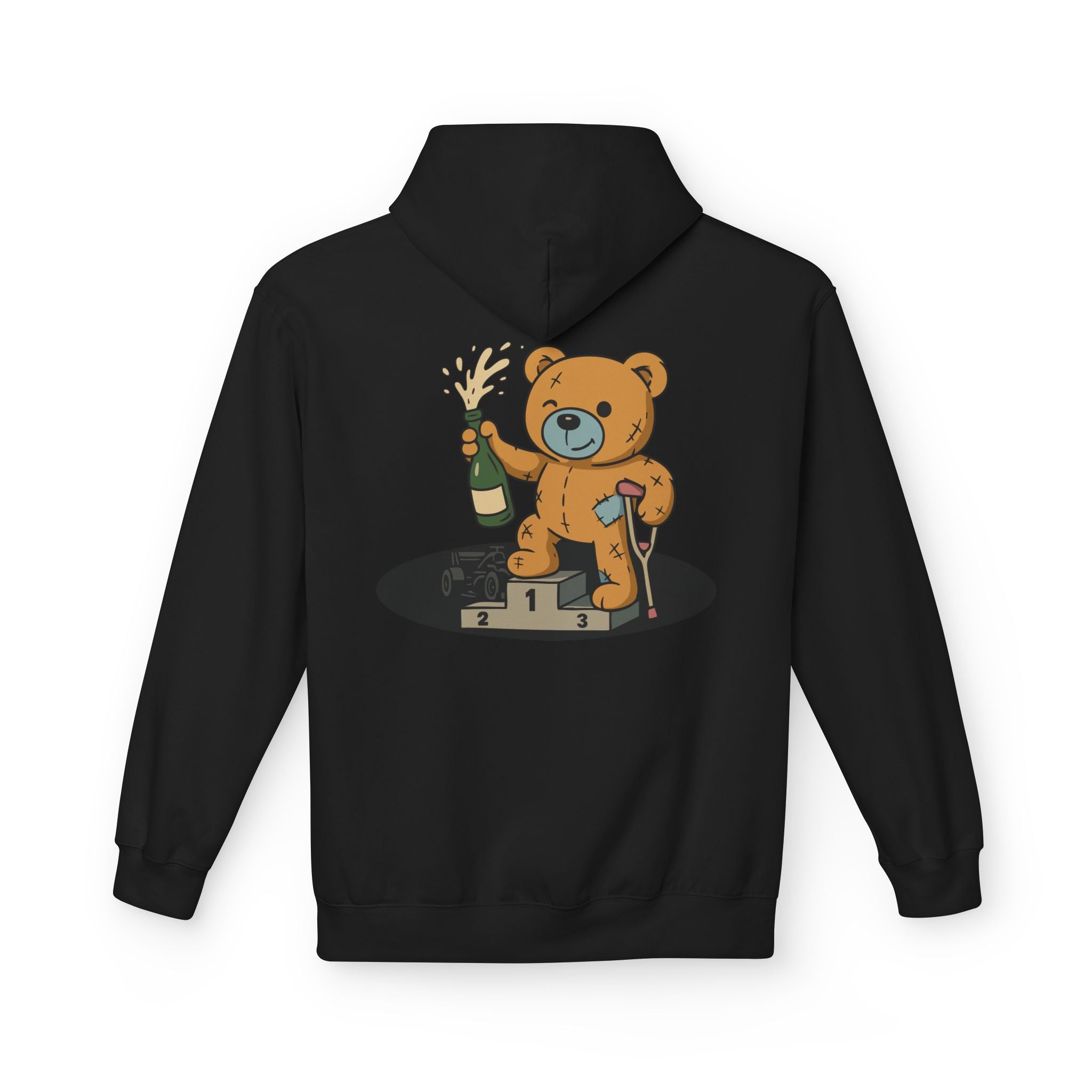 The Podium Bear Hoodie by Printify showcases a cartoon bear popping champagne on a winner's podium with a medal, crafted sustainably using eco-friendly methods.