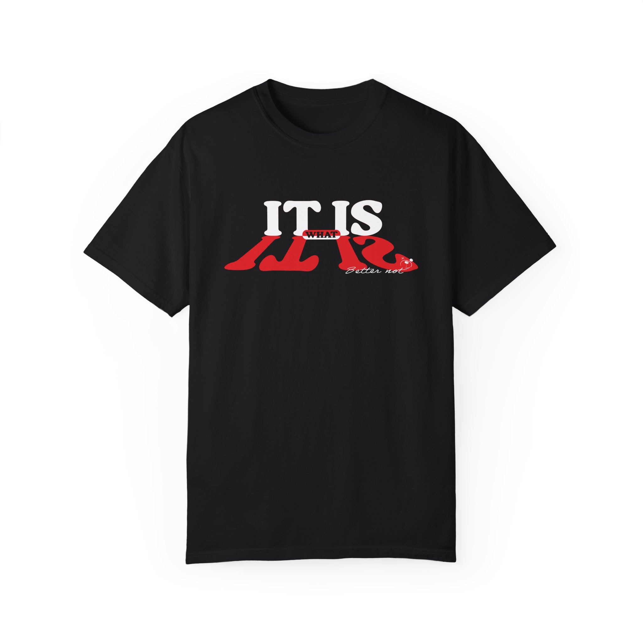 The "It Is What It Is Tee" by Printify is a black t-shirt made from 100% US cotton, showcasing bold red and white text that reads "IT IS WHAT IT IS," combining premium comfort and durability for any casual collection.