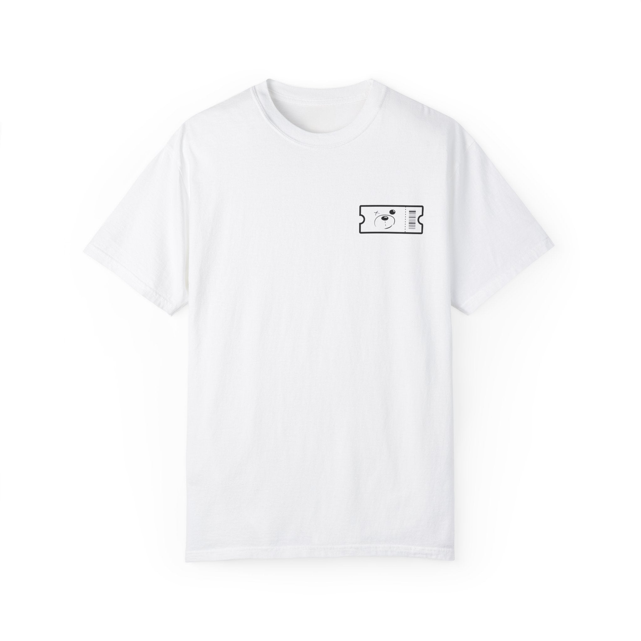 The Printify "Buy The Ticket Tee" is a white Comfort Colors shirt featuring a small black ticket with a smiling face on the left chest. Made from soft, ring-spun cotton, its garment-dyed fabric offers ultimate comfort and style.