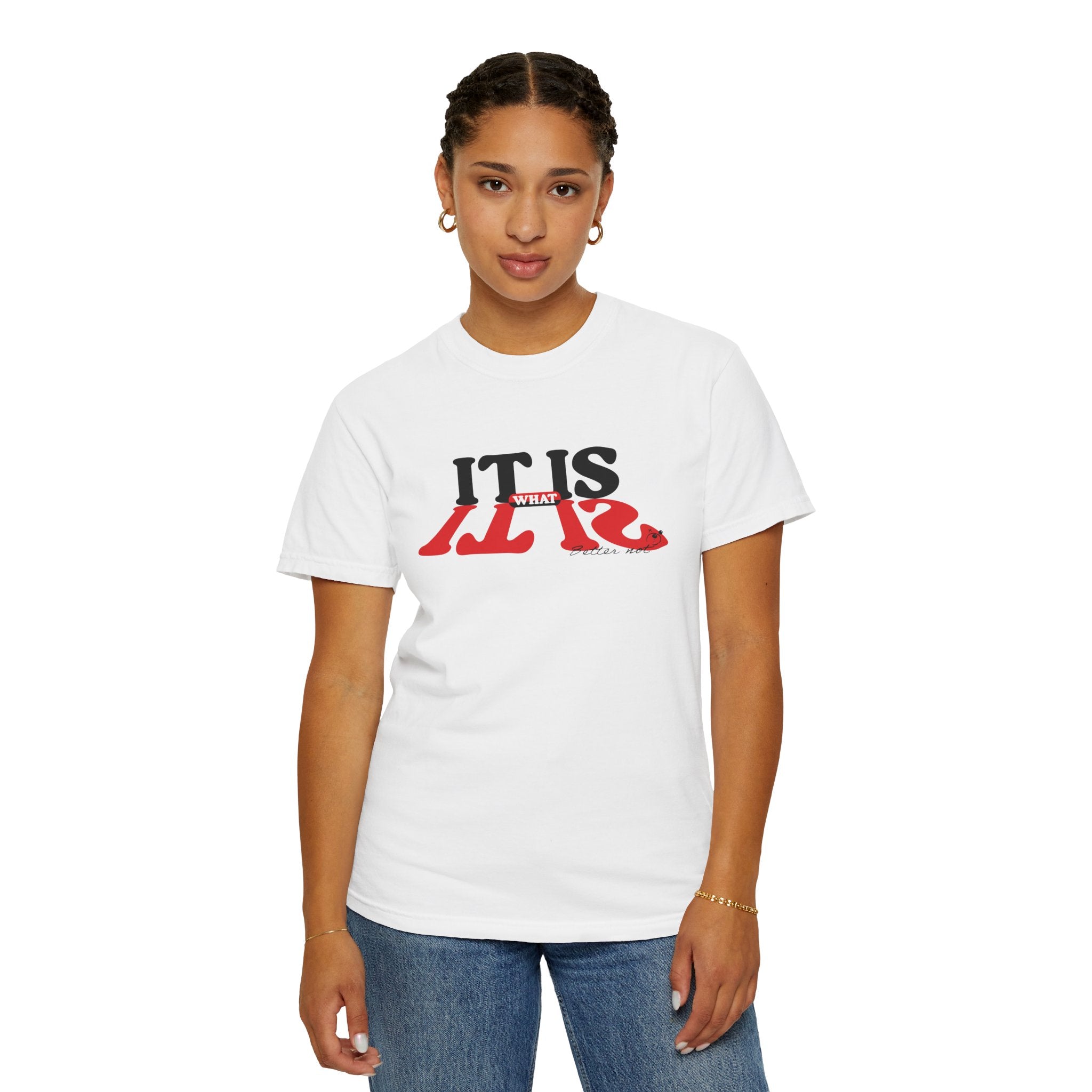 A person wears Printify's "It Is What It Is Tee," crafted from 100% US cotton, showcasing bold red and black text on a white backdrop.