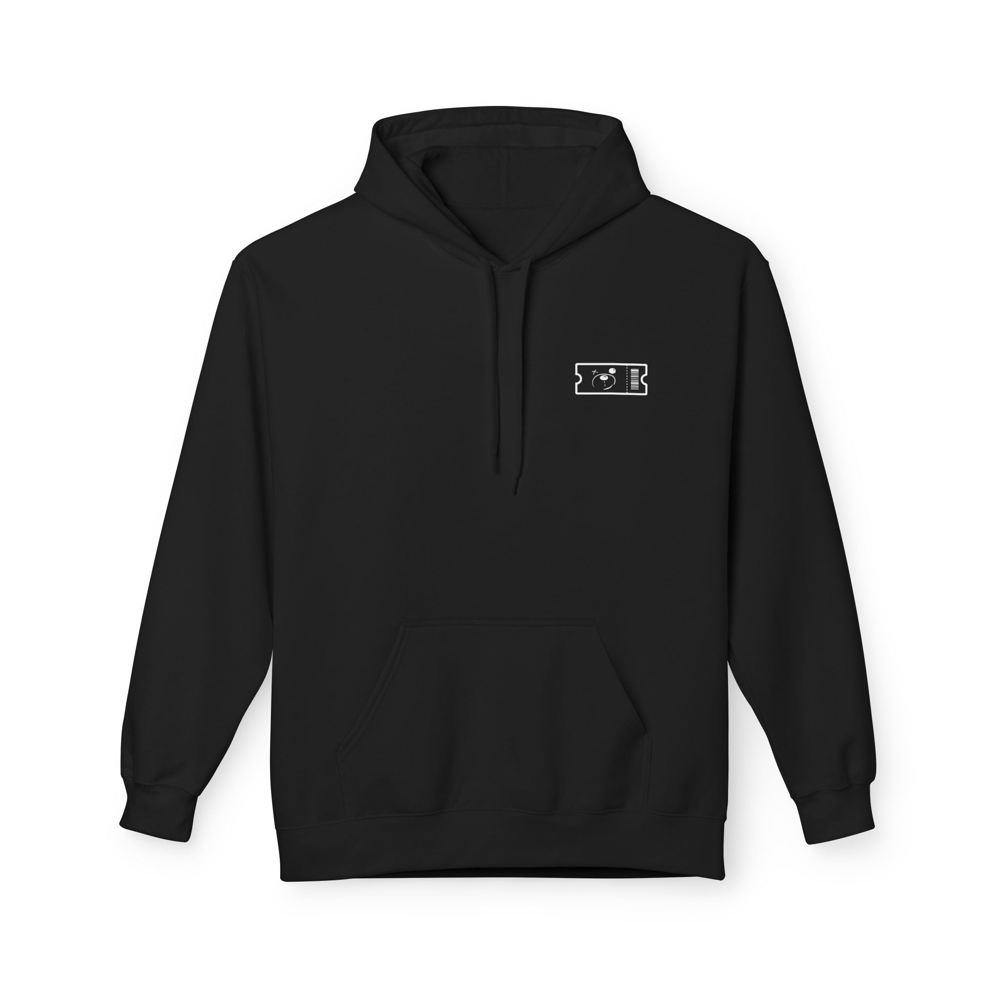 The Buy The Ticket Hoodie by Printify is a black classic-fit hooded sweatshirt with a minimalist design featuring a rectangle and two circles. It’s eco-friendly, crafted with sustainable fashion principles.