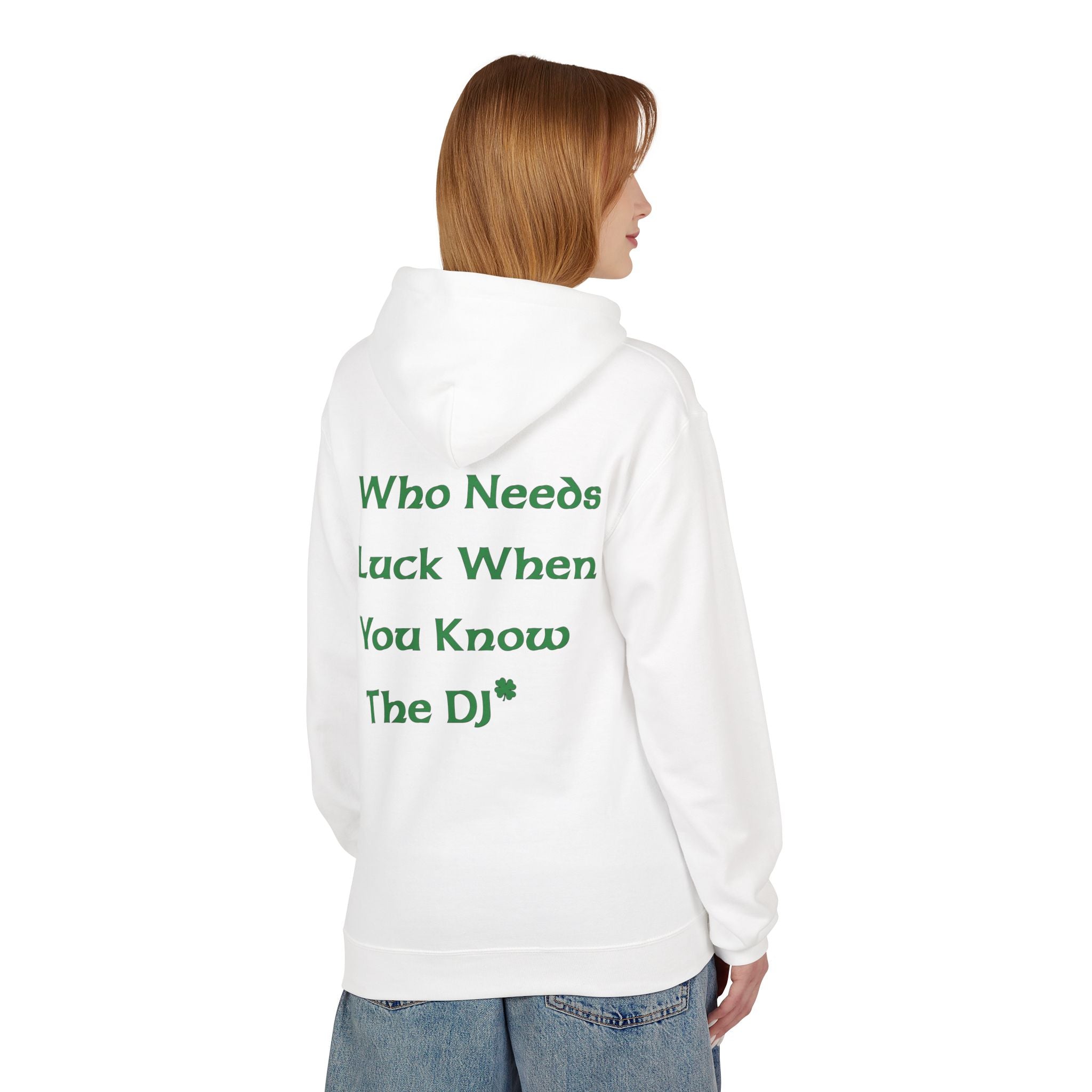A person wears the eco-friendly "Who Needs Luck Hoodie" by Printify, featuring a brilliant white color and vibrant green "Who Needs Luck When You Know The DJ" text on the back, making it both a stylish statement and a nod to sustainable fashion.