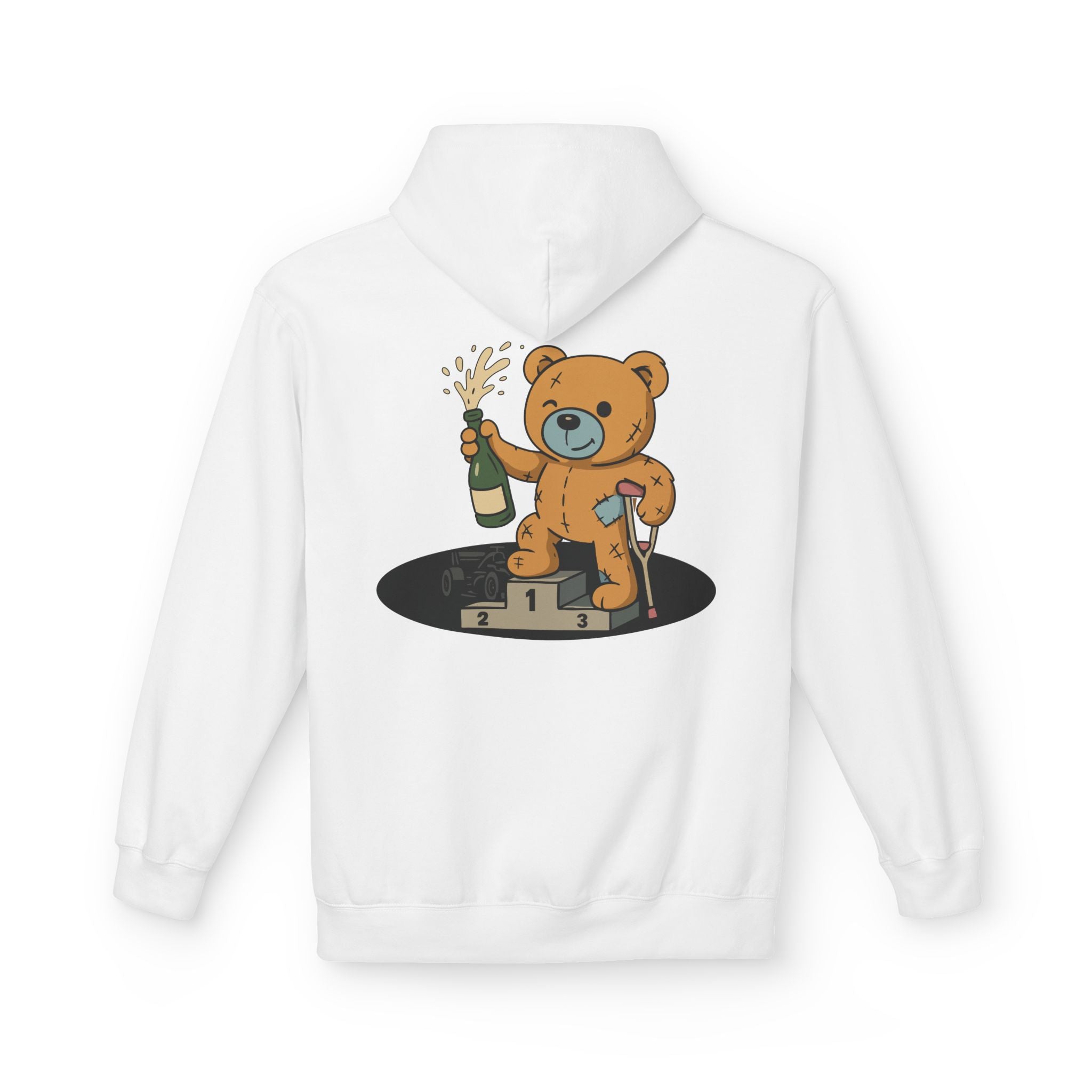 The Podium Bear Hoodie by Printify showcases a bear on a podium, holding champagne and sporting a Band-Aid. It's printed on the back of a white hoodie made with sustainable production standards.