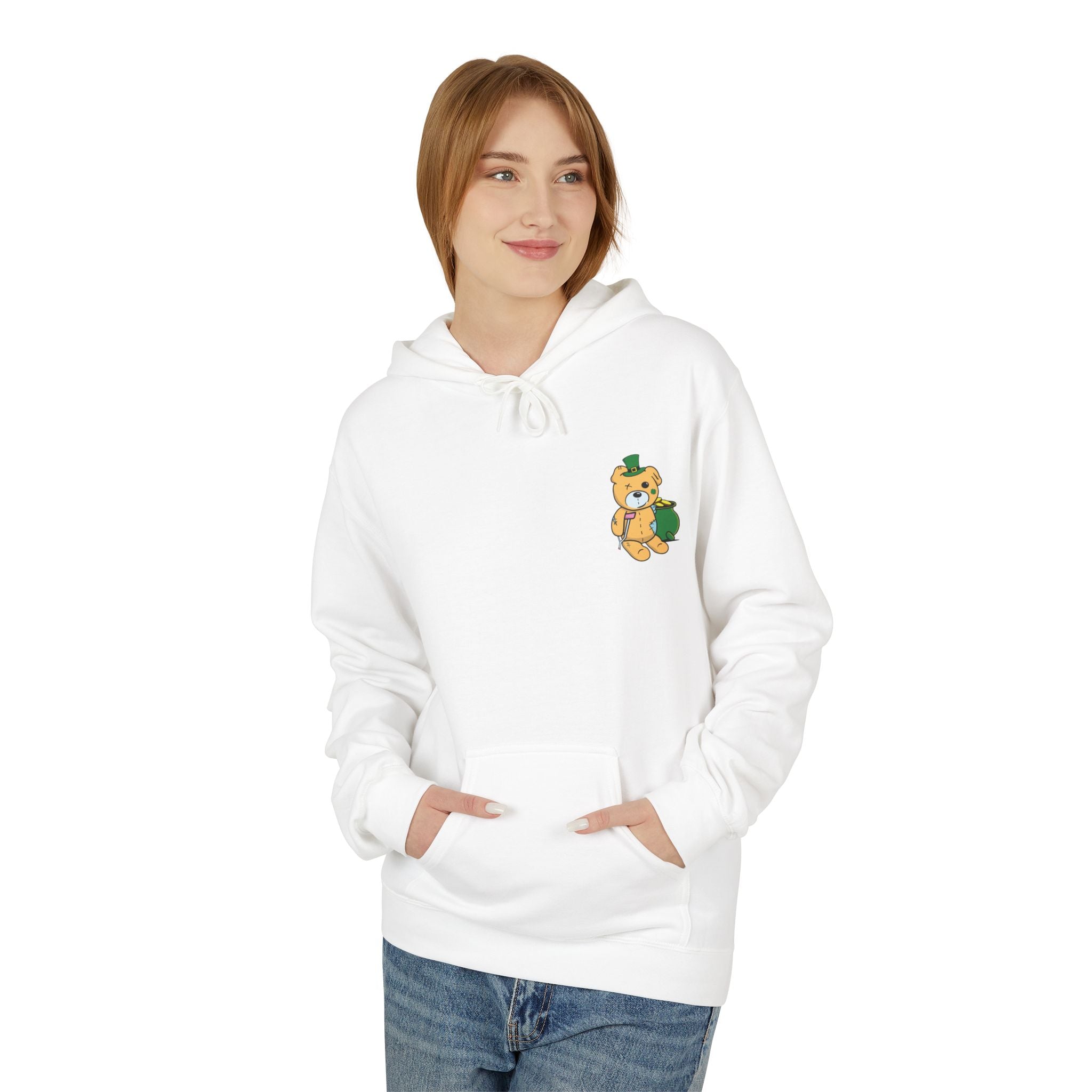 A person wearing a Printify "Who Needs Luck" eco-friendly white hoodie with a small bear design on the front, standing against a plain background.