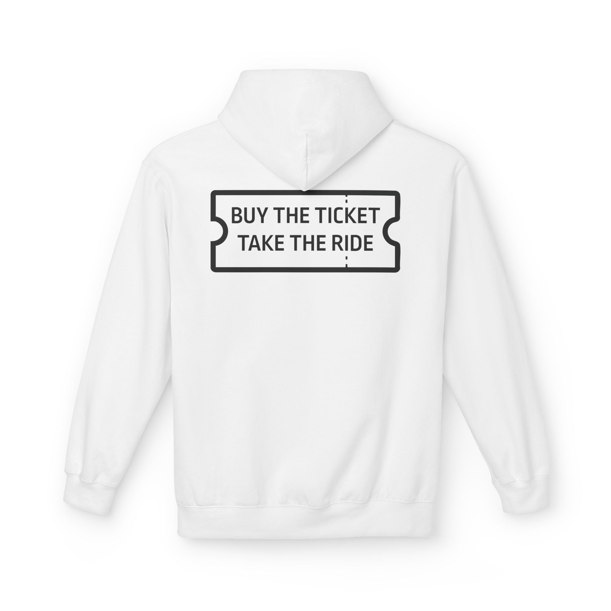 The "Buy The Ticket Hoodie" by Printify features a back graphic of a black ticket with "BUY THE TICKET TAKE THE RIDE," and is made from eco-friendly materials for sustainability.