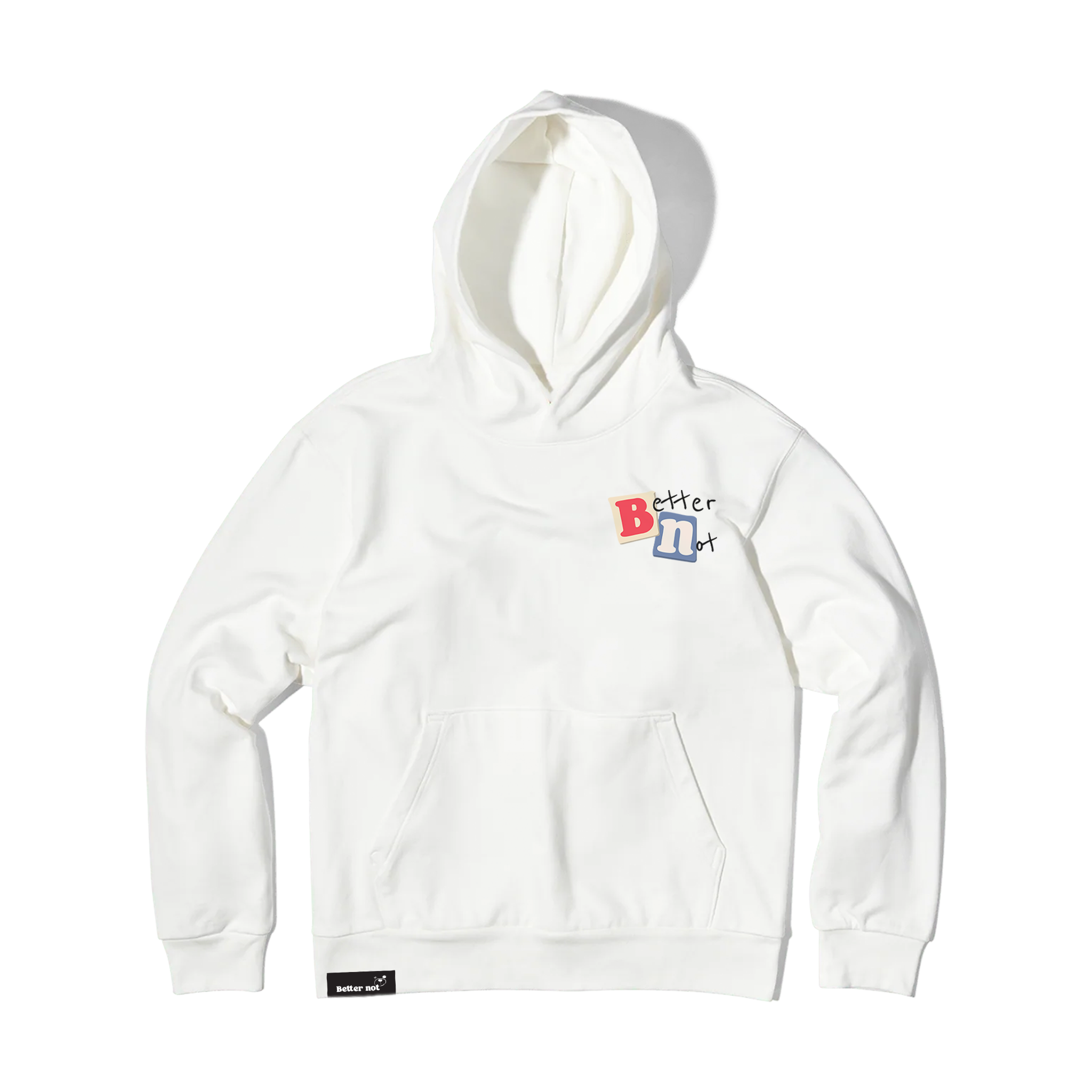 The Have Fun Be "Safe" Hoodie v2 (Faded) by Better not is a white oversized hoodie with a front pocket and a colorful logo on the chest, seamlessly blending style and comfort.