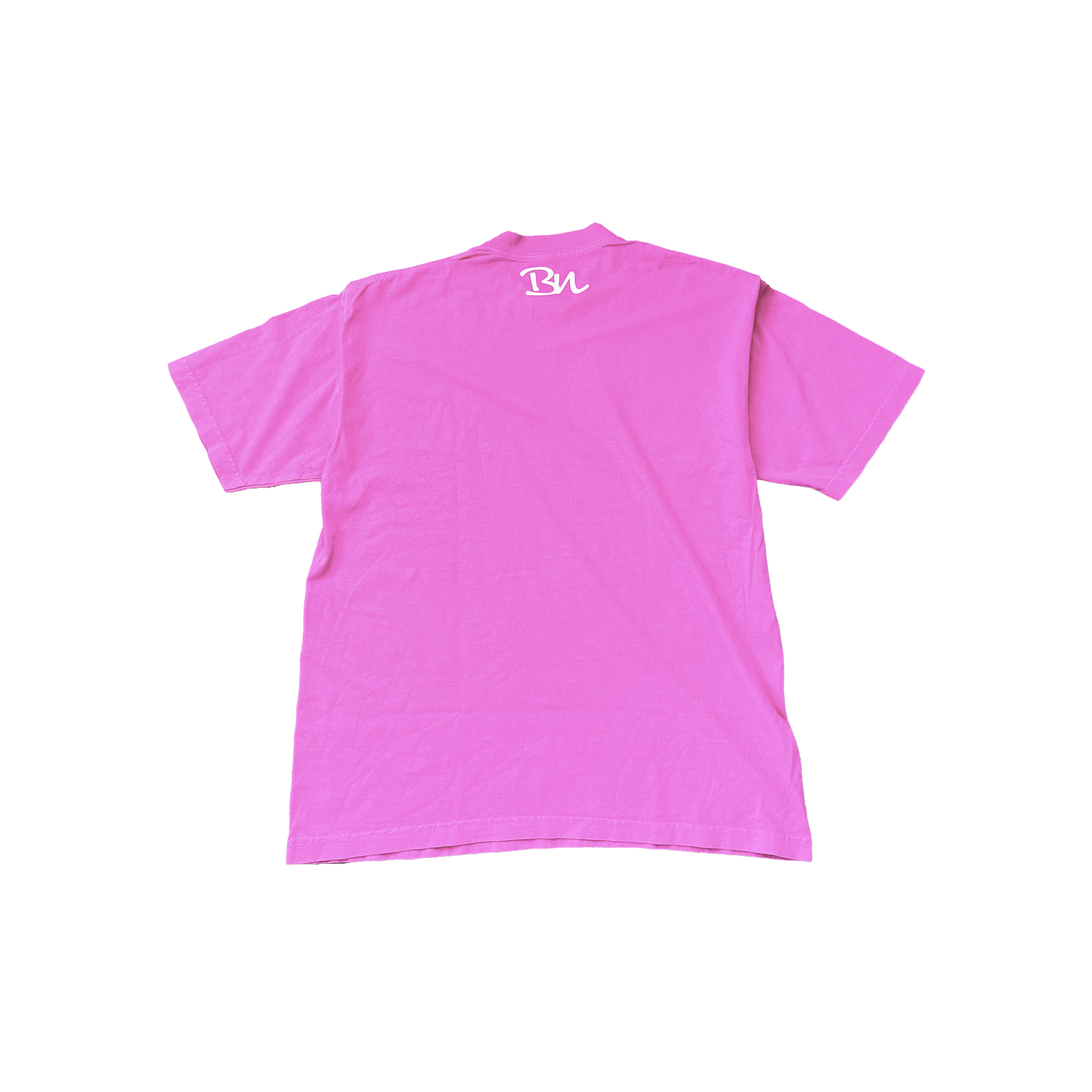 Flat-lay of the Statement Pink Tee's back, by Better not. It features a white logo near the collar on a pink background, presenting a fashionable oversized fit for everyone.