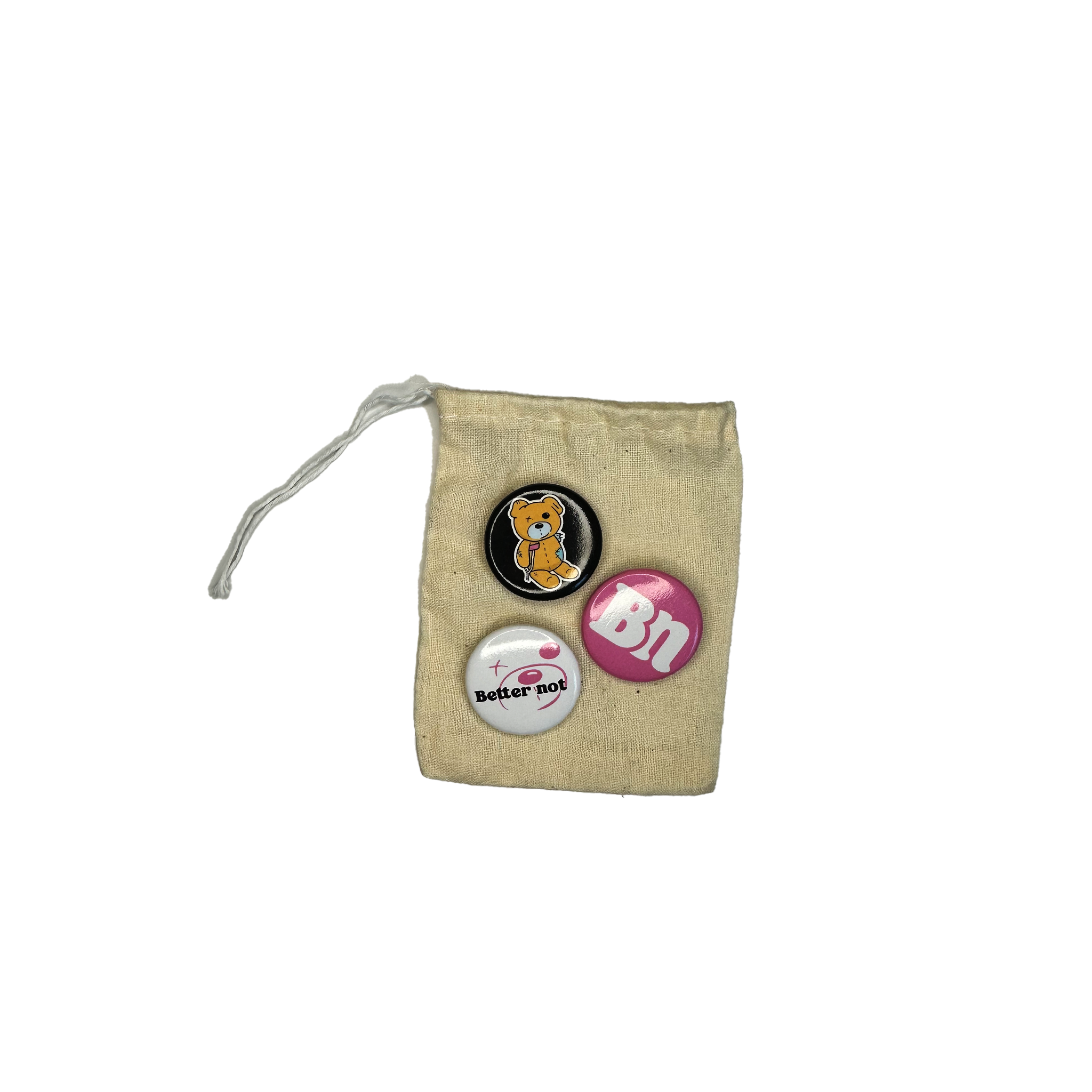 Canvas drawstring bag with 3-Pack Pins featuring cartoon designs and phrases such as "Better not.
