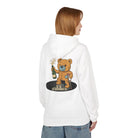 A person wears the Printify Podium Bear Hoodie, an eco-friendly white garment showcasing a graphic of a cheering cartoon bear with a bottle, standing proudly on a podium.