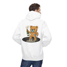 A person in a sustainably produced Printify Podium Bear Hoodie, featuring a cartoon bear with a champagne bottle on a podium, is showcased.