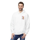 A person in Printify's "Bet on Better not Hoodie," featuring a playing card design, with hands in jean pockets, smiling.