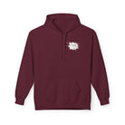 The Graffiti Bear Hoodie by Printify is a burgundy hoodie featuring a white splatter logo on the upper left chest, crafted through ethical manufacturing.