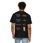 Back view of a person wearing the Better Knot Tee by Printify, crafted from 100% US cotton. This black Comfort Colors 1717 T-shirt has illustrations of knots like "Square Knot," "Pretzel Knot," and "Slipknot," with a teddy bear labeled "Better Not" for style lovers.