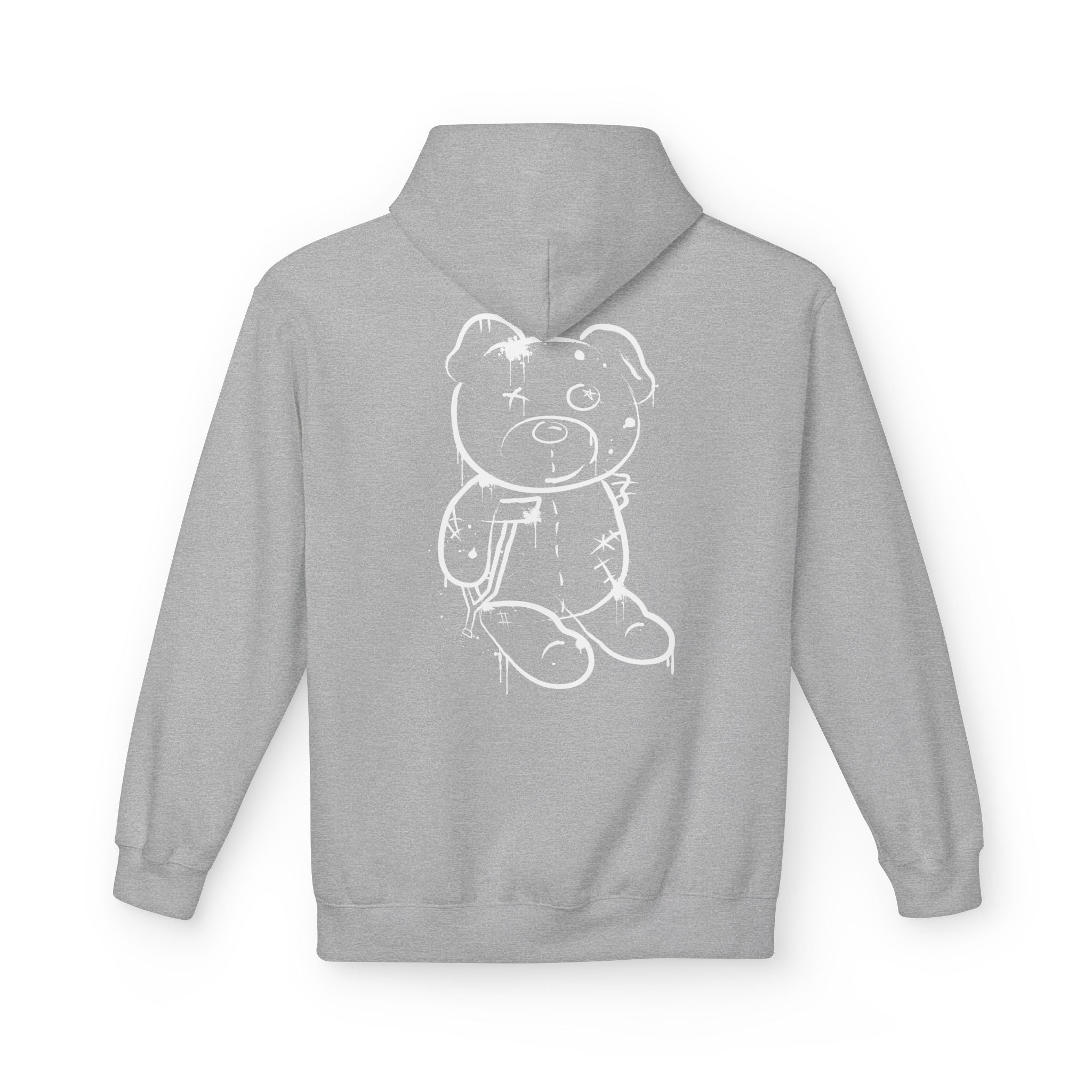 The Graffiti Bear Hoodie by Printify is a gray hoodie adorned with a white bear sketch on the back, highlighting patches and stitching outline design. Made for eco-conscious consumers, it emphasizes sustainability.