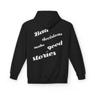 The Bad decisions Hoodie by Printify is an eco-friendly, ethically made black hoodie featuring "Bad decisions make good stories" in staggered white text on the back. Embrace sustainable fashion and share your story while caring for the planet.