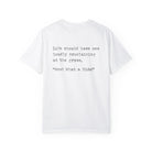 Elevate your comfort with Printify's What a Ride Tee, crafted from 100% US cotton. This white T-shirt features the striking phrase: "Life should have one loudly proclaiming at the grave, 'Wow! What a Ride!'" for a bold statement and incredible feel.