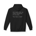 The What a Ride Hoodie by Printify features bold text on the back, "Life should have one loudly proclaiming at the grave, 'Wow! What a Ride!'" It is crafted through eco-friendly production, making it both environmentally friendly and daring in design.
