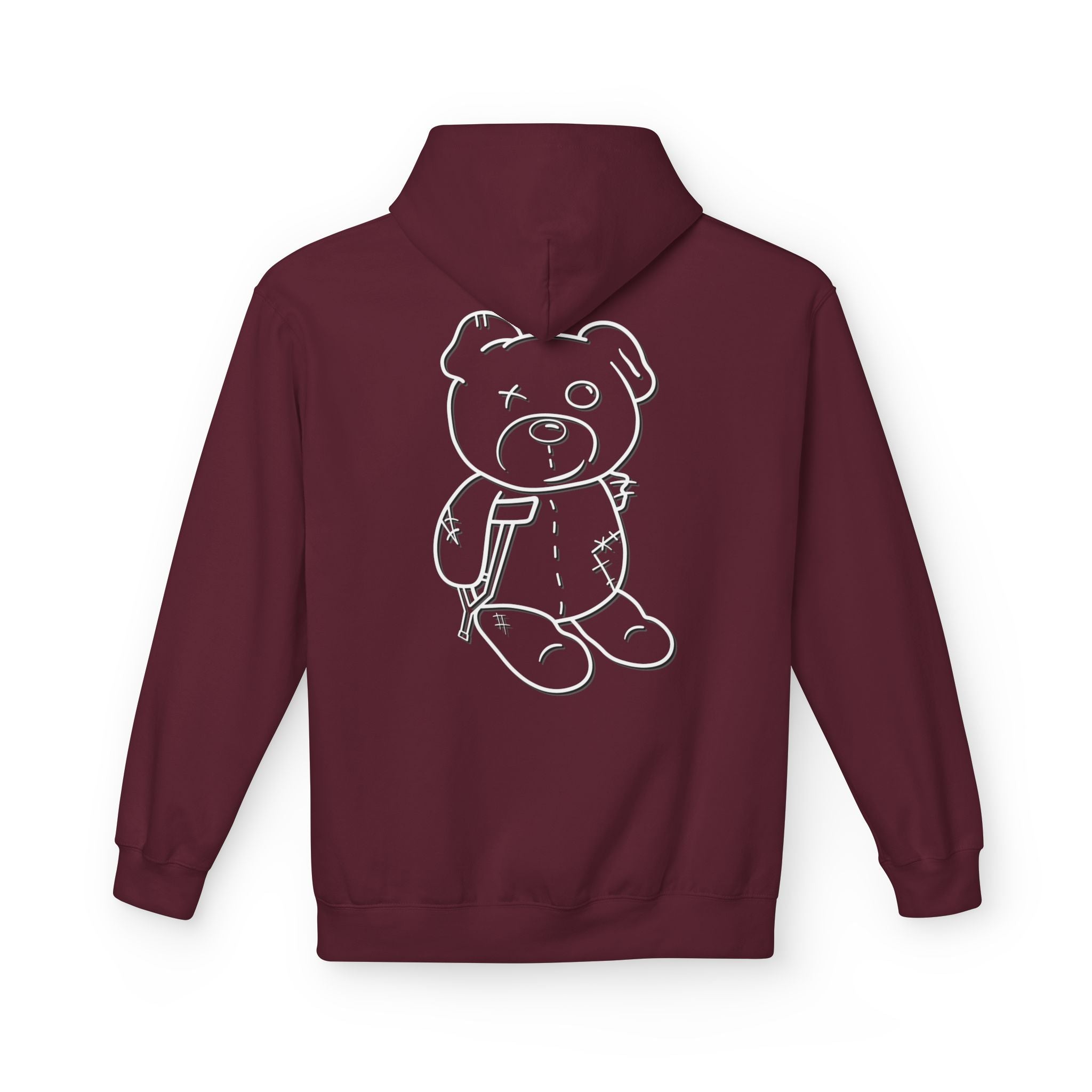 Back of the Printify Mascot Hoodie in maroon features a white outline drawing of a teddy bear, crafted with sustainable fashion in mind.