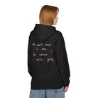 A person wears Printify's No Map Needed Hoodie, an eco-friendly black hoodie featuring "We don't need a map for where we're going" and red dashed lines on the back, facing away from the camera.