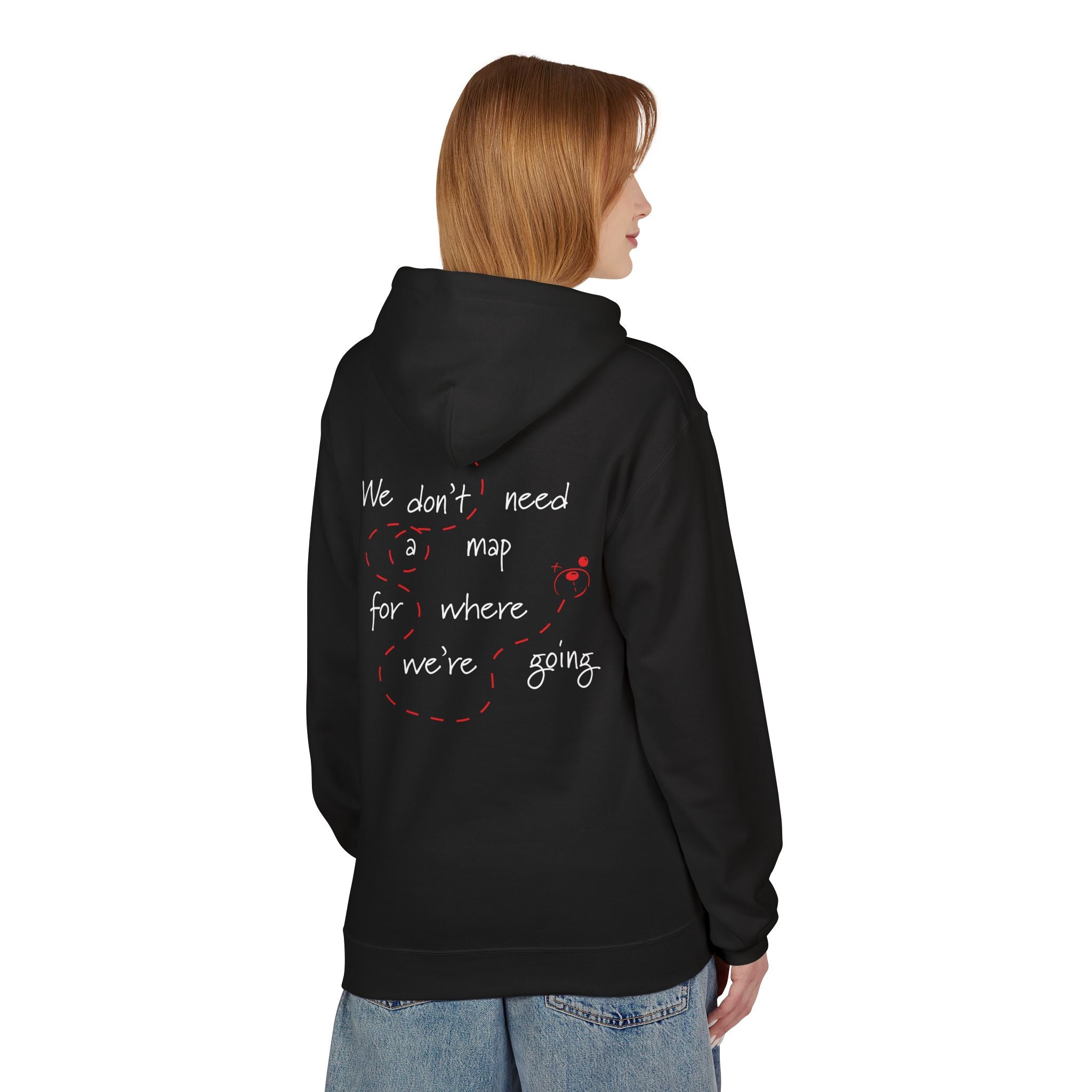 A person wears Printify's No Map Needed Hoodie, an eco-friendly black hoodie featuring "We don't need a map for where we're going" and red dashed lines on the back, facing away from the camera.