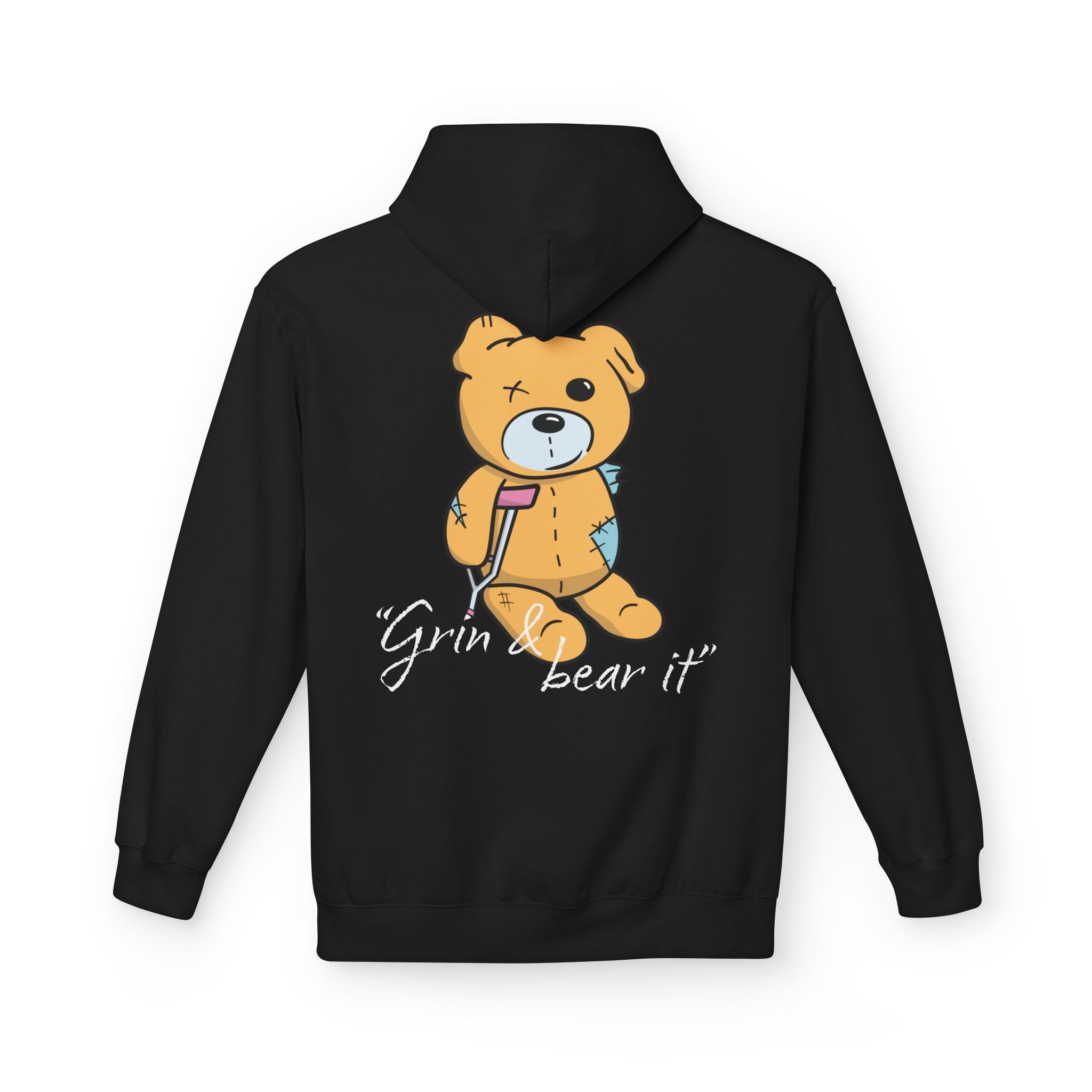 The Grin & Bear It Hoodie by Printify is a black eco-friendly hoodie displaying a cartoon teddy bear with a crutch and the phrase "Grin & Bear It" on the back, crafted using sustainable production practices.