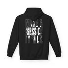 The Make A Mess Hoodie by Printify is an eco-friendly black hoodie with bold back text reading "MAKE A MESS OF IT ALL," featuring a captivating mix of solid and transparent letters.