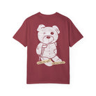 The Printify Note to Self Tee, in maroon, uses 100% US cotton and showcases a stitched teddy bear holding its torn-off arm. A banner says, "Note to self: never been better." Enjoy the relaxed fit for an effortlessly stylish look.