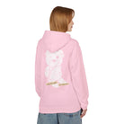 A person is wearing the "Note to self Hoodie" by Printify, a pink hoodie with a teddy bear graphic and words on the back, paired with blue jeans. This trendy outfit combines style and sustainability using eco-friendly materials.