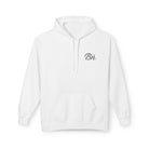 The Script Hoodie by Printify is a white hoodie featuring a black cursive "Bn." logo on the left chest, crafted ethically with a front pocket and drawstring hood for a stylish, sustainable look.