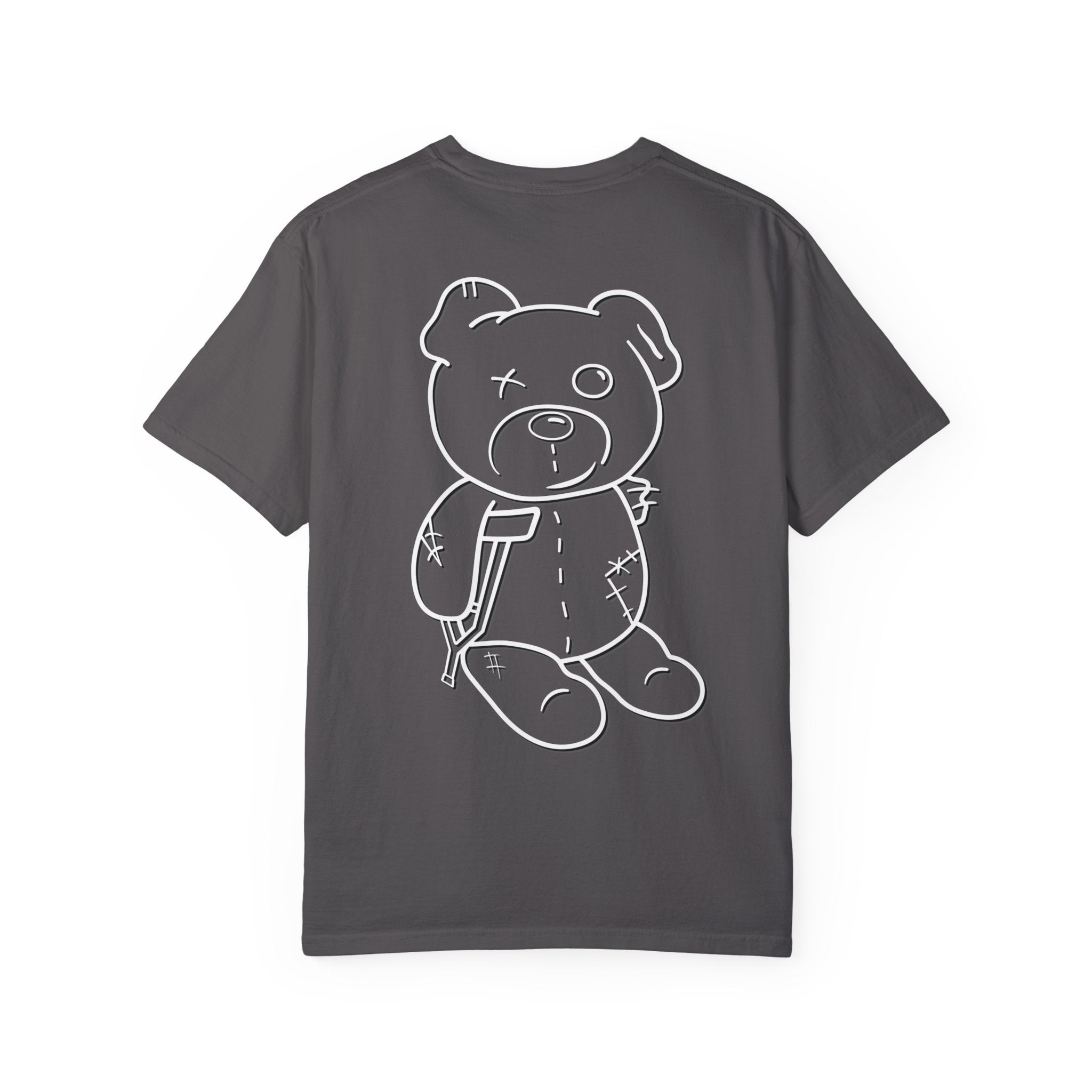 Printify's Mascot Tee is a gray Comfort Colors T-shirt with a white outline of a patched-up teddy bear holding a crutch, made from soft ring-spun cotton.