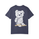 The Printify "Note to Self" Tee in navy blue is made from soft US cotton, featuring a distressed teddy bear with stitches and a crutch. A banner reads, "note to self: never been better," reflecting the quality of Comfort Colors 1717.