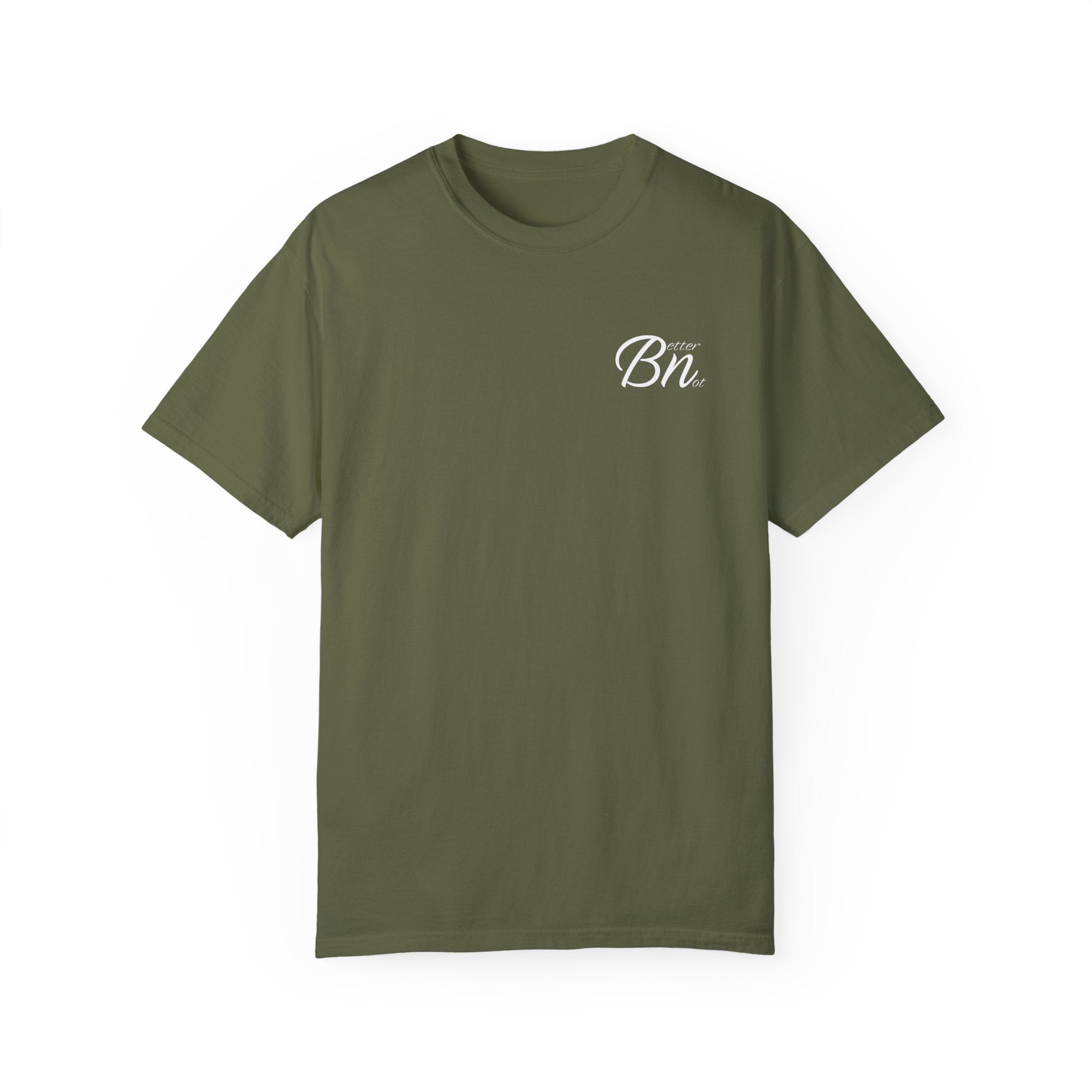 The Script Tee by Printify is an olive green t-shirt made from 100% premium US cotton. It features a white "Bn" logo on the left chest and is crafted from garment-dyed fabric for ultimate comfort and style.