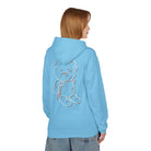 A person is wearing a Printify Mascot Hoodie in light blue, featuring a teddy bear outline on the back, paired with denim pants.