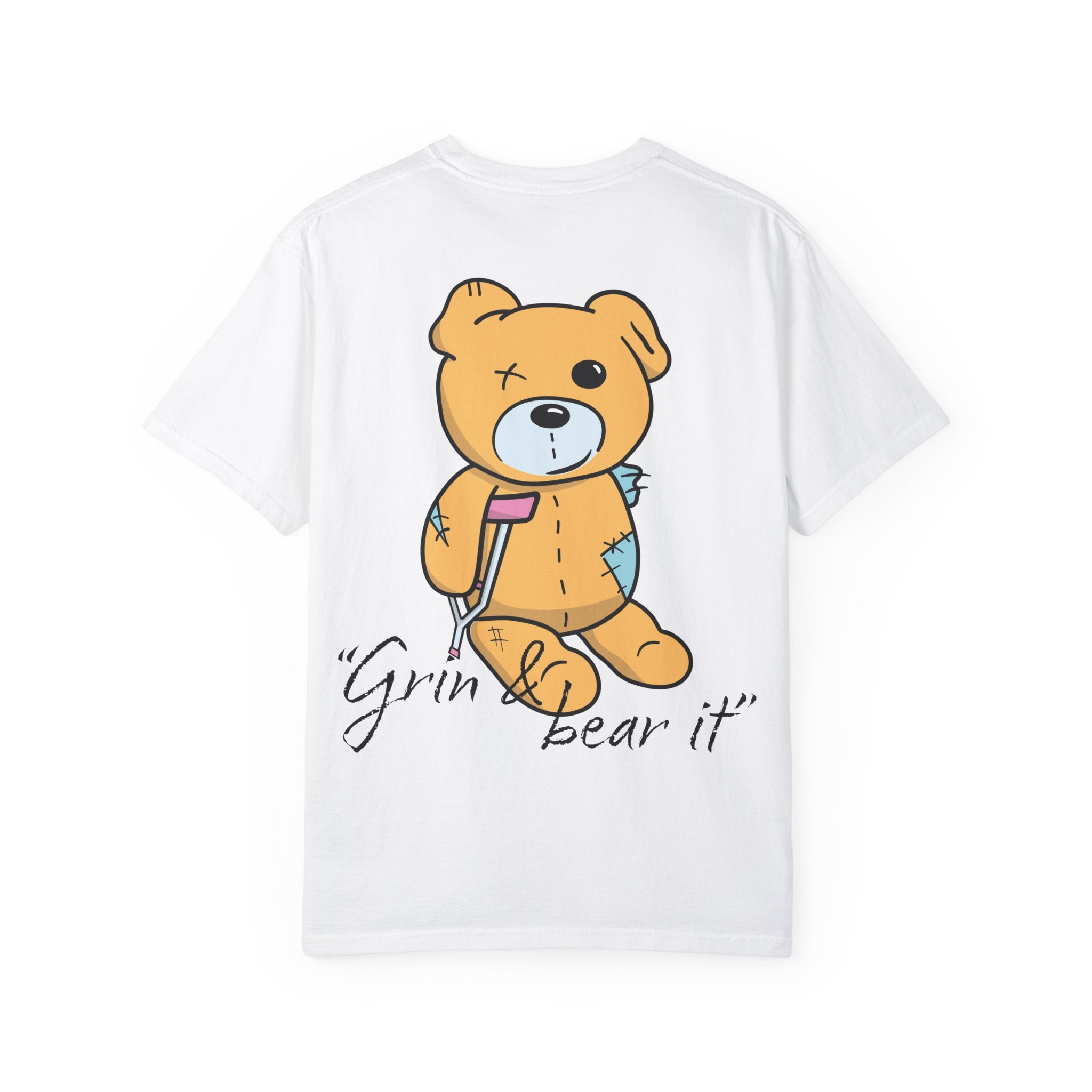 The "Grin & Bear It Tee" by Printify features a cartoon bear with a crutch and bandage, made from soft US cotton by Comfort Colors.