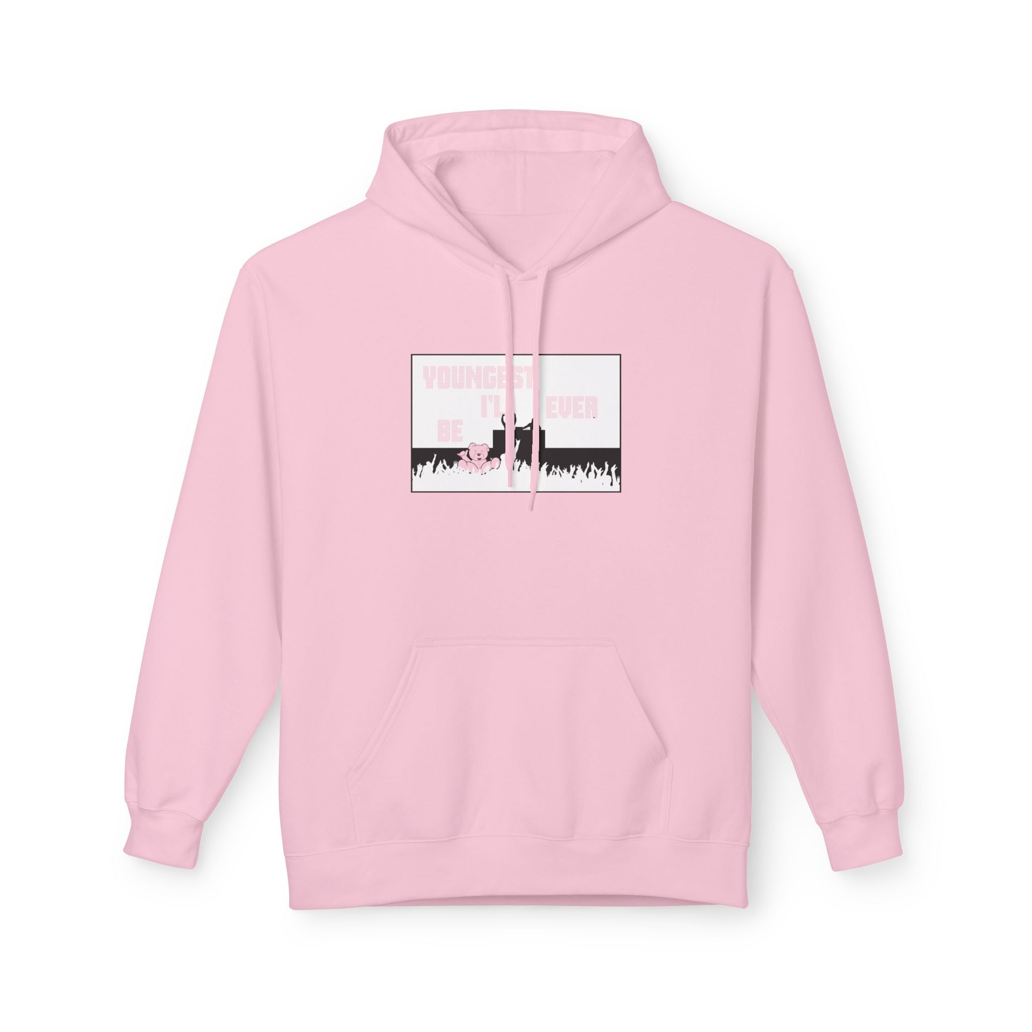 The Live Young Hoodie by Printify is an eco-friendly, pink hoodie with a front pocket and a rectangular graphic of people silhouettes, featuring eye-catching pink and white text. Crafted to reflect our dedication to sustainable fashion.