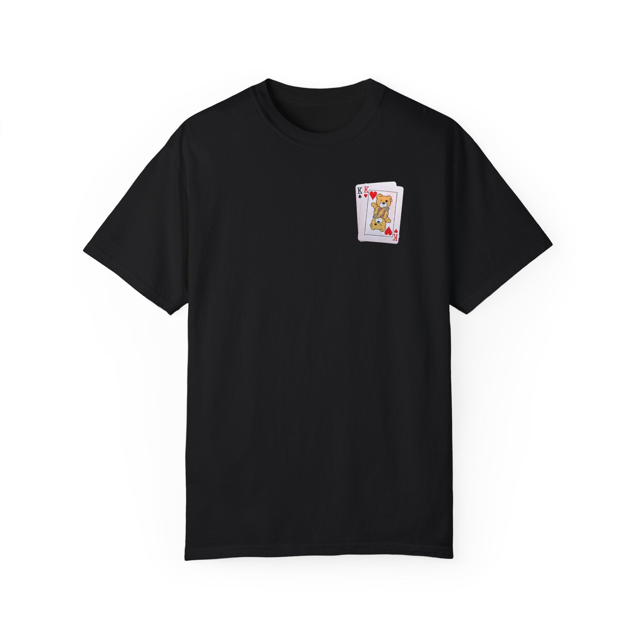 The Bet on Better not Tee by Printify is a premium Comfort Colors 1717 shirt crafted from US cotton. This black T-shirt sports a striking King of Hearts playing card graphic on the upper left chest, merging style and comfort seamlessly.