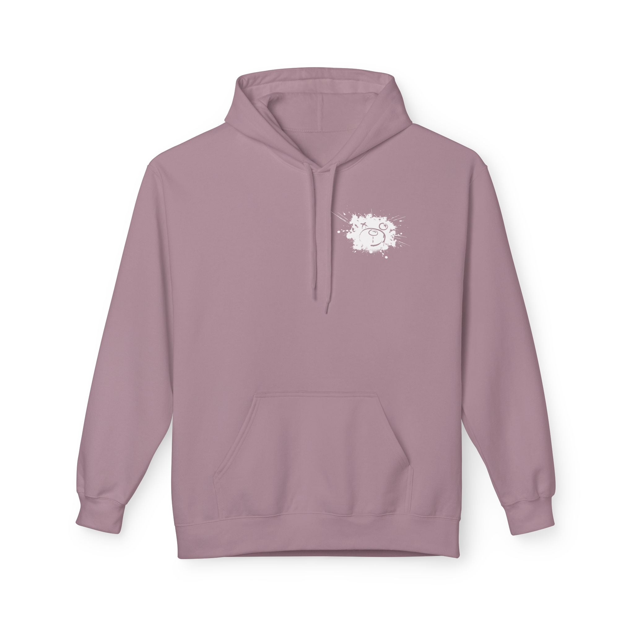 The Graffiti Bear Hoodie by Printify is an eco-friendly mauve hoodie with a white splatter graphic on the left chest, featuring a front pocket and drawstring hood.