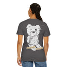 Dressed in jeans, a person wears a gray Printify "Note to Self" tee with a stitched teddy bear and "Have to Self" text on the back. Made from 100% US cotton, the relaxed fit stands out against the white background.