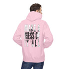 An individual in a pink "Make A Mess Hoodie" from Printify, featuring the phrase "Make a Mess of It All" on the back, stands facing away.