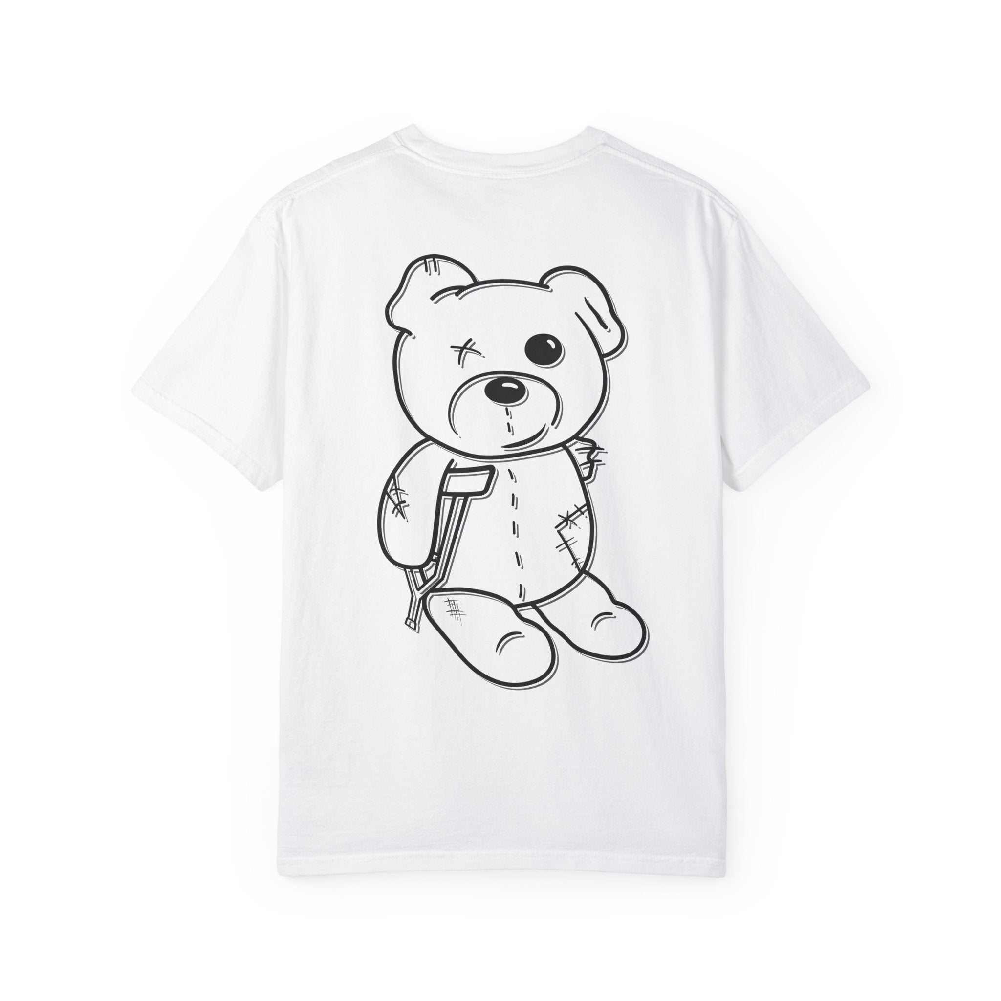 The Mascot Tee by Printify is a white Comfort Colors shirt, crafted from soft US cotton, featuring a stitched teddy bear sketch holding a large key on the back.