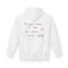 The No Map Needed Hoodie by Printify is a sustainable white hoodie with "We don’t need a map for where we’re going" text, plus a dashed red line and map marker graphic on the back.