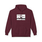 The Live Young Hoodie by Printify is a maroon, eco-friendly hoodie featuring a graphic of someone pushing a cart with the text "Youngest I'll Ever Be," ideal for fashion-forward individuals who care about sustainability.