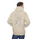 A person wearing Printify's eco-friendly Mascot Hoodie, featuring a teddy bear graphic on the back, showcases a commitment to sustainable fashion.