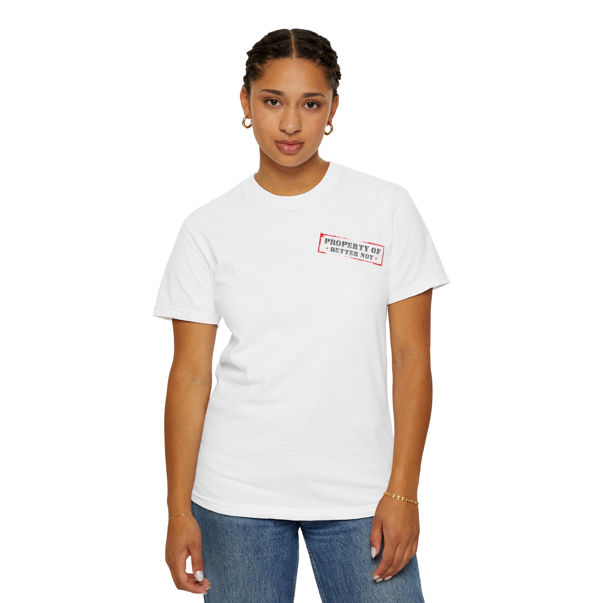 The person is wearing a Good Time Tee by Printify, made from 100% US cotton, paired with blue jeans, striking a pose against a plain white background.