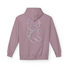 Printify's Mascot Hoodie is an eco-friendly lavender hoodie featuring a line drawing of a winking teddy bear with a cane on the back, highlighting sustainable clothing through ethical production.