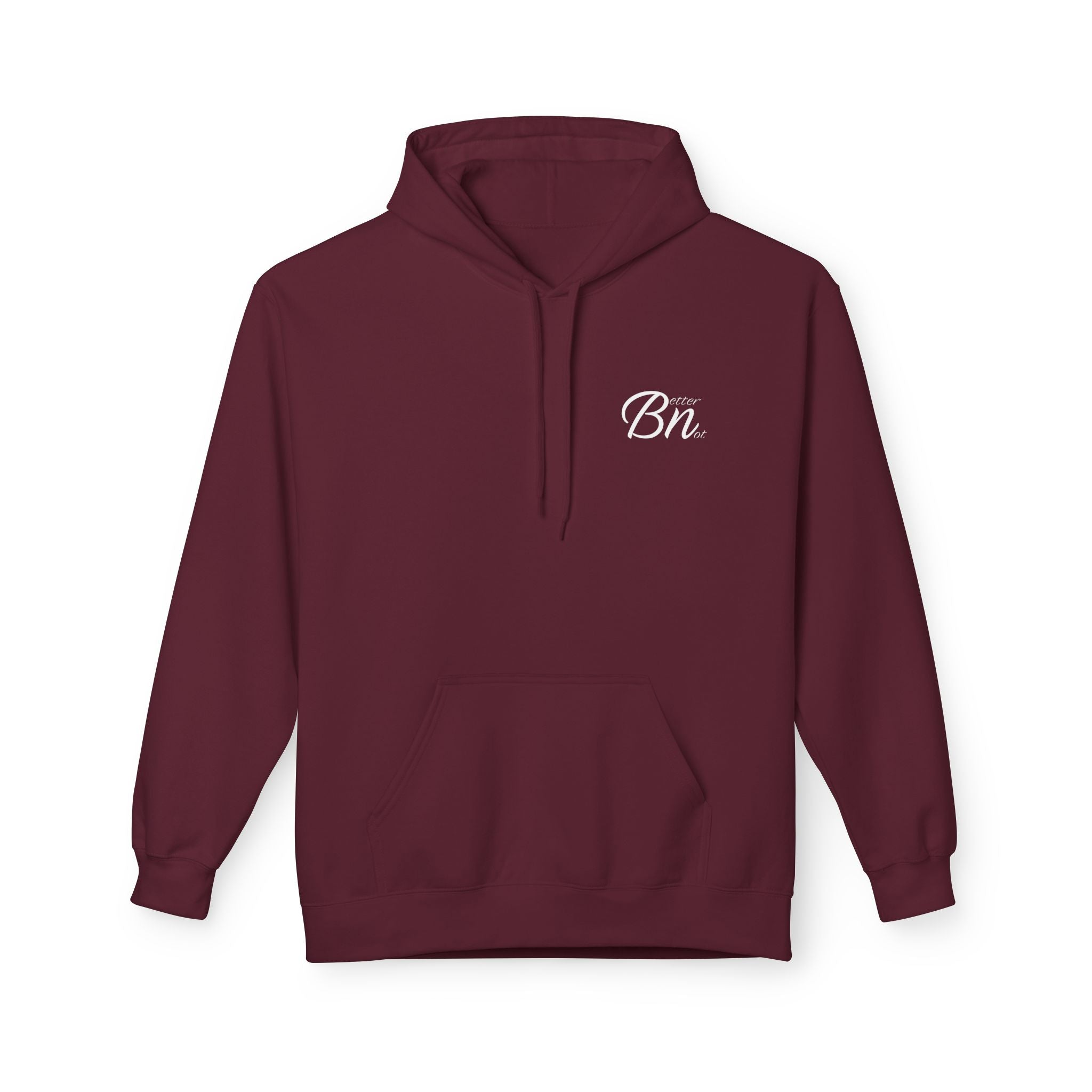 The Script Hoodie by Printify is a maroon hoodie made with eco-friendly materials, featuring a kangaroo pocket and "BN" logo on the left chest.