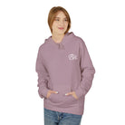 A person wearing The Script Hoodie in lavender, from Printify, sustainably produced with "Bn" printed on it, stands against a white background with hands in pockets.