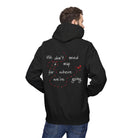 A person wears the Printify No Map Needed Hoodie, produced eco-friendly, with "We don't need a map for where we're going" printed in white and red on the back.
