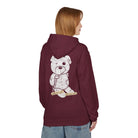 A person is wearing the Note to Self Hoodie by Printify in maroon, featuring a graphic of a bandaged teddy bear with a crutch on the back, made from eco-friendly materials, paired with denim shorts.